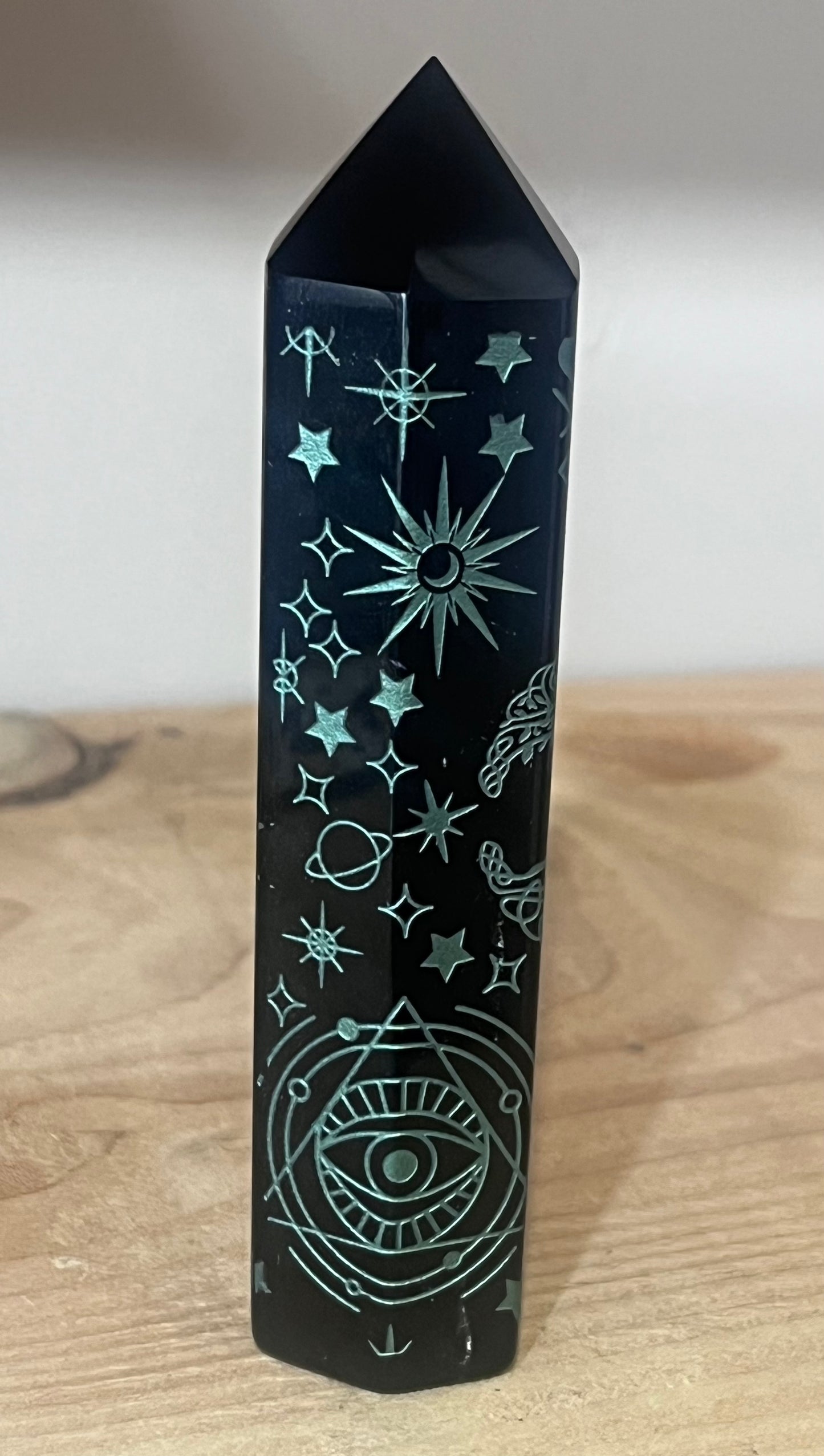 🌙 Black Obsidian Celestial Engraved Tower | Protection • Grounding • Intuition