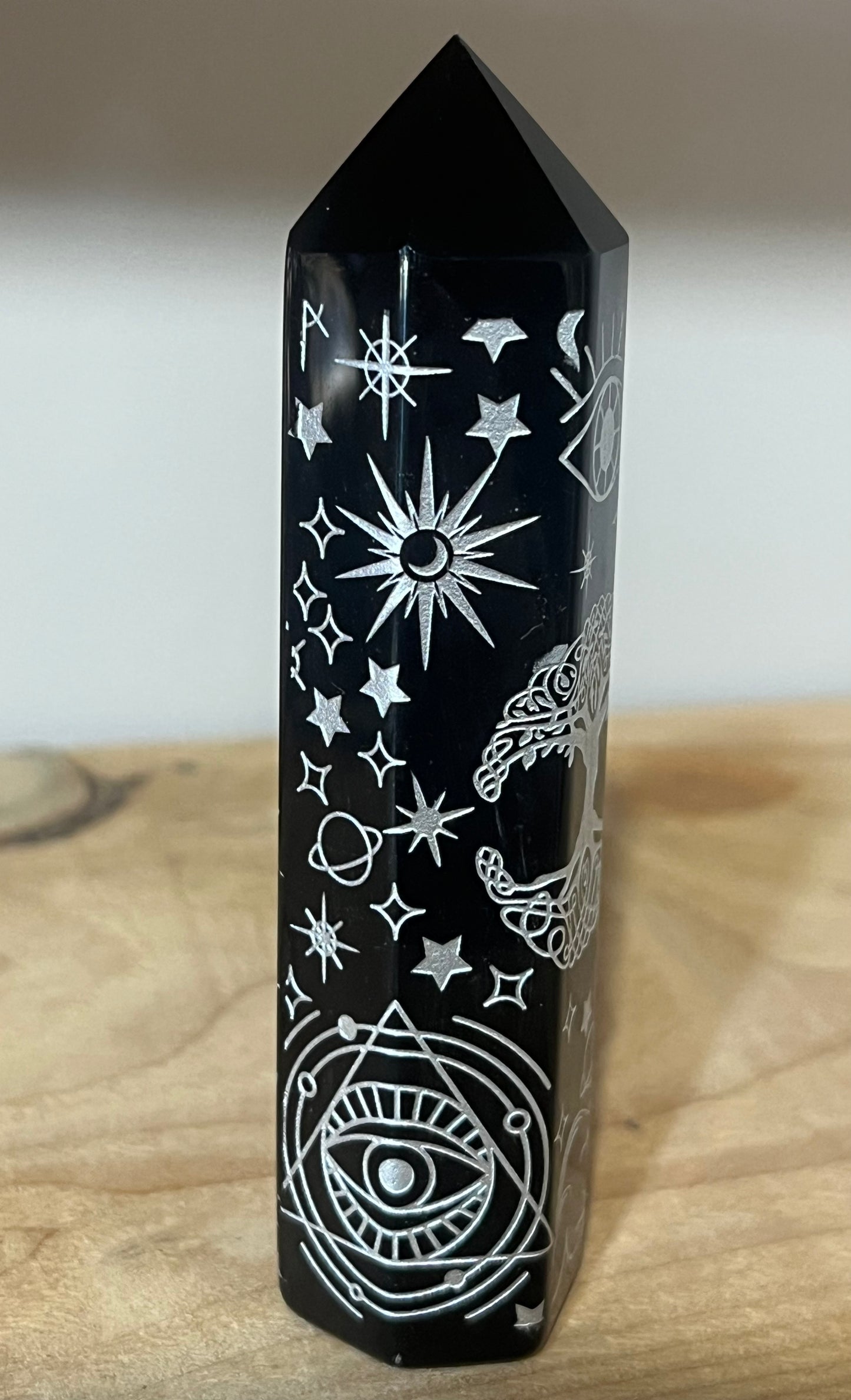 Black Obsidian Celestial Engraved Tower | Protection • Grounding • Truth 🌙✨