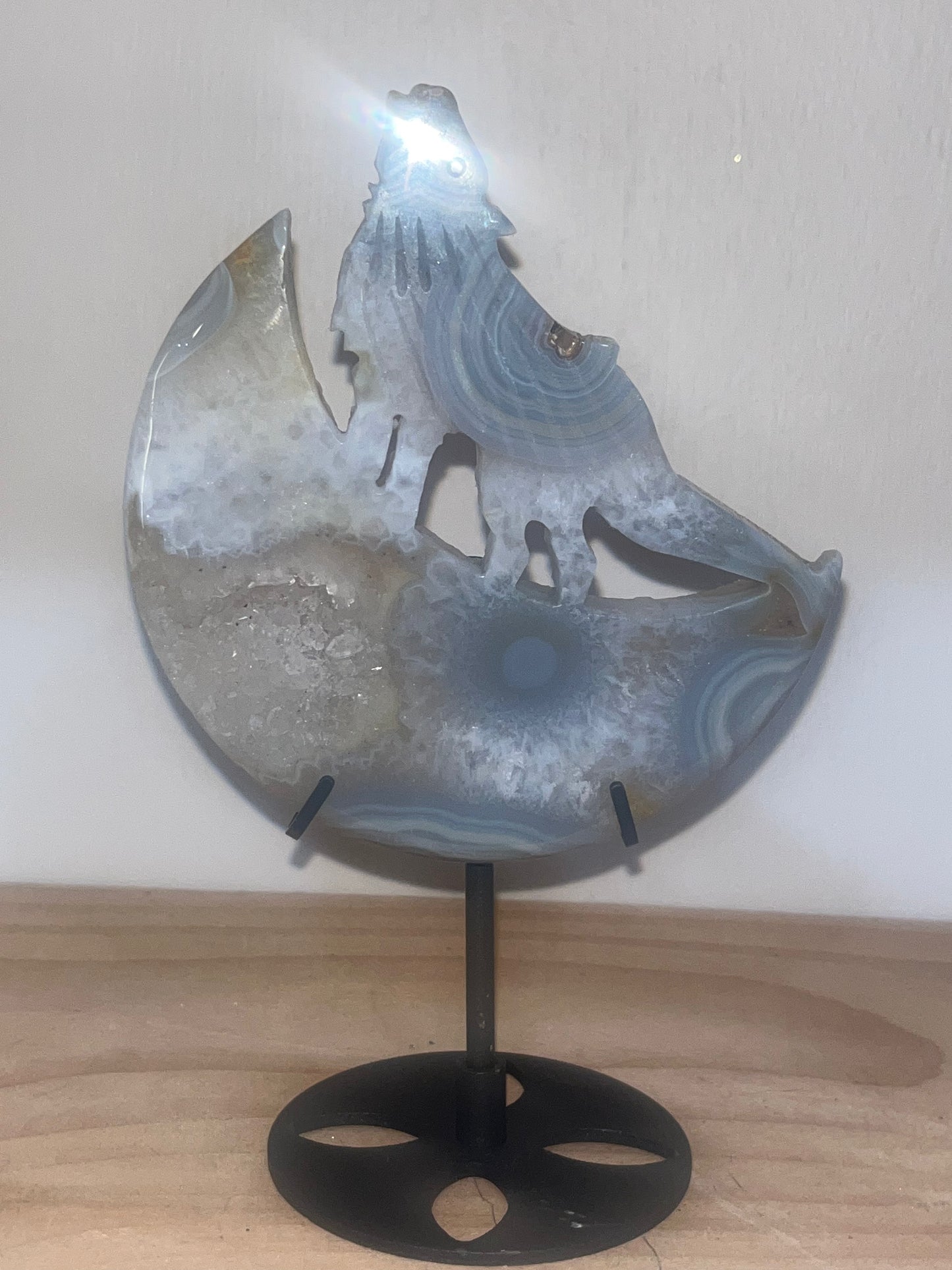 Howling Wolf on Crescent Moon – Agate & Druzy Crystal Carving