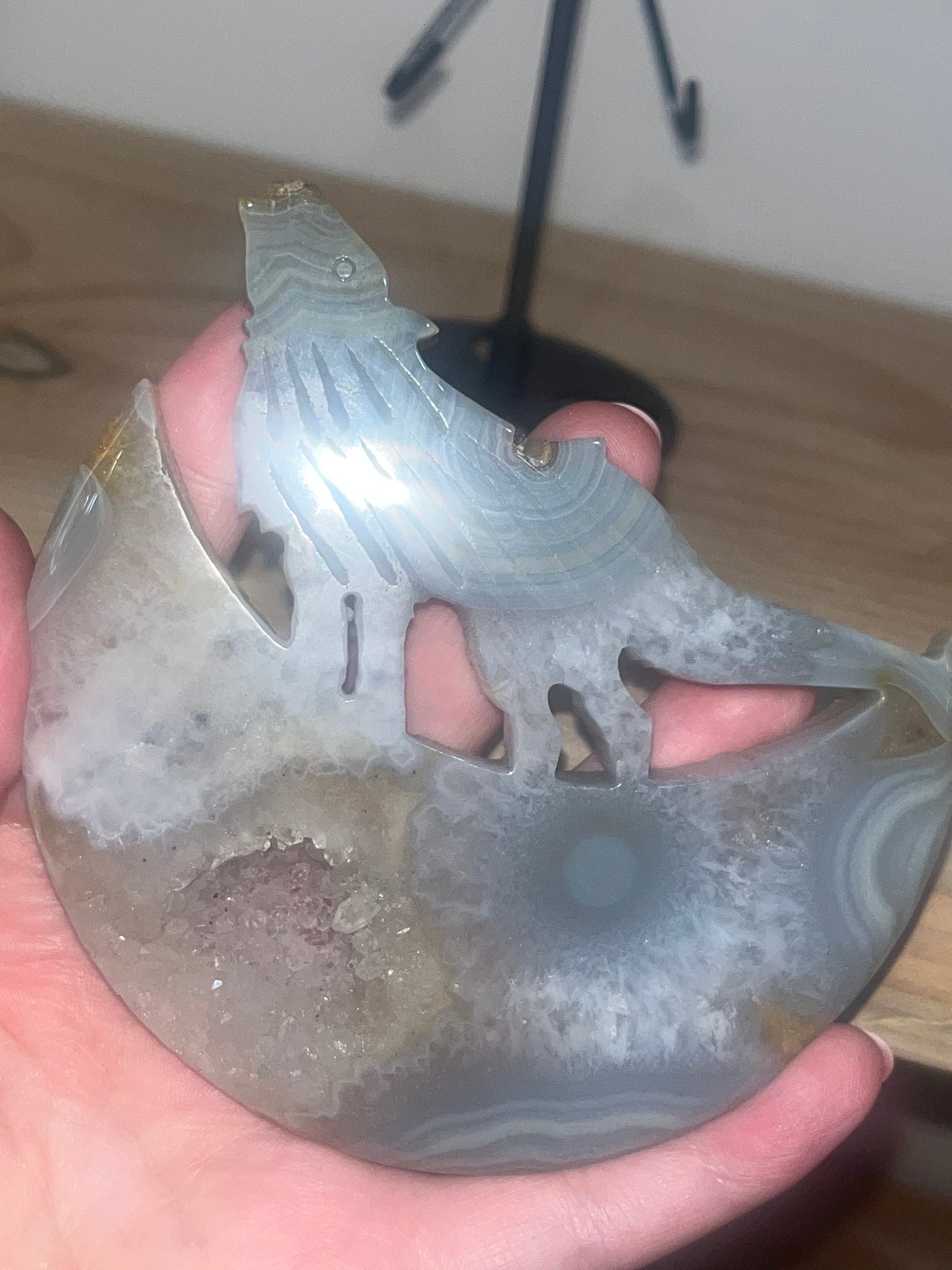 Howling Wolf on Crescent Moon – Agate & Druzy Crystal Carving