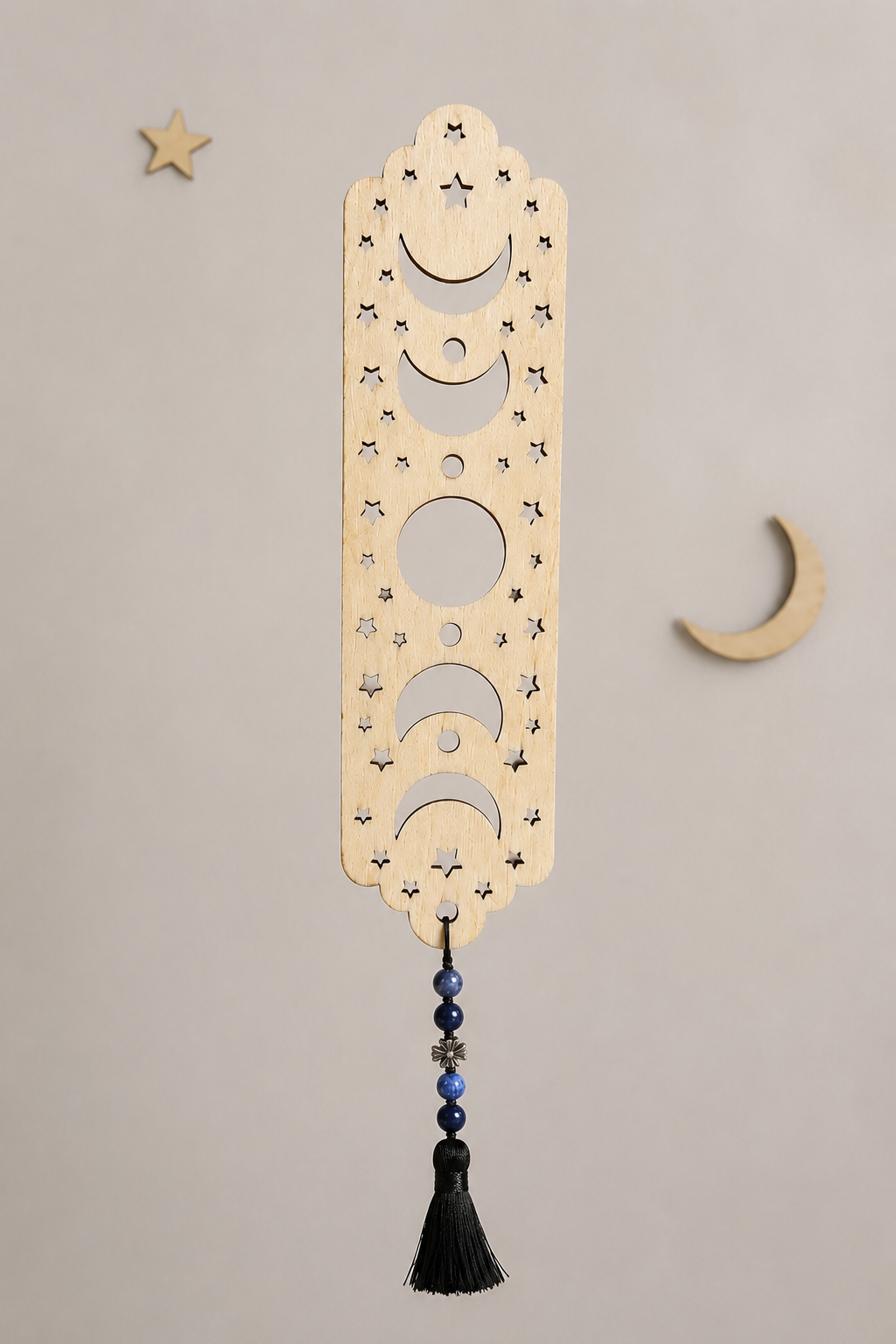 ๐๐ Moon Phase Wooden Bookmark with Sodalite Beads & Tassel ๐โจ