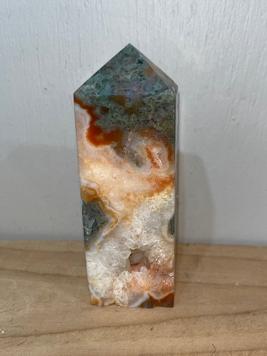 Unique red moss agate druzy crystal tower