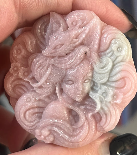 💗 Pink Opal Goddess & Fox Carving | Intuition, Feminine Energy & Transformation