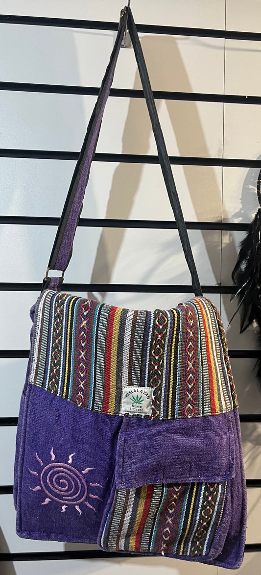 🌿 Handmade Purple Himalayan Hemp Crossbody Bag – Spiral Sun Design