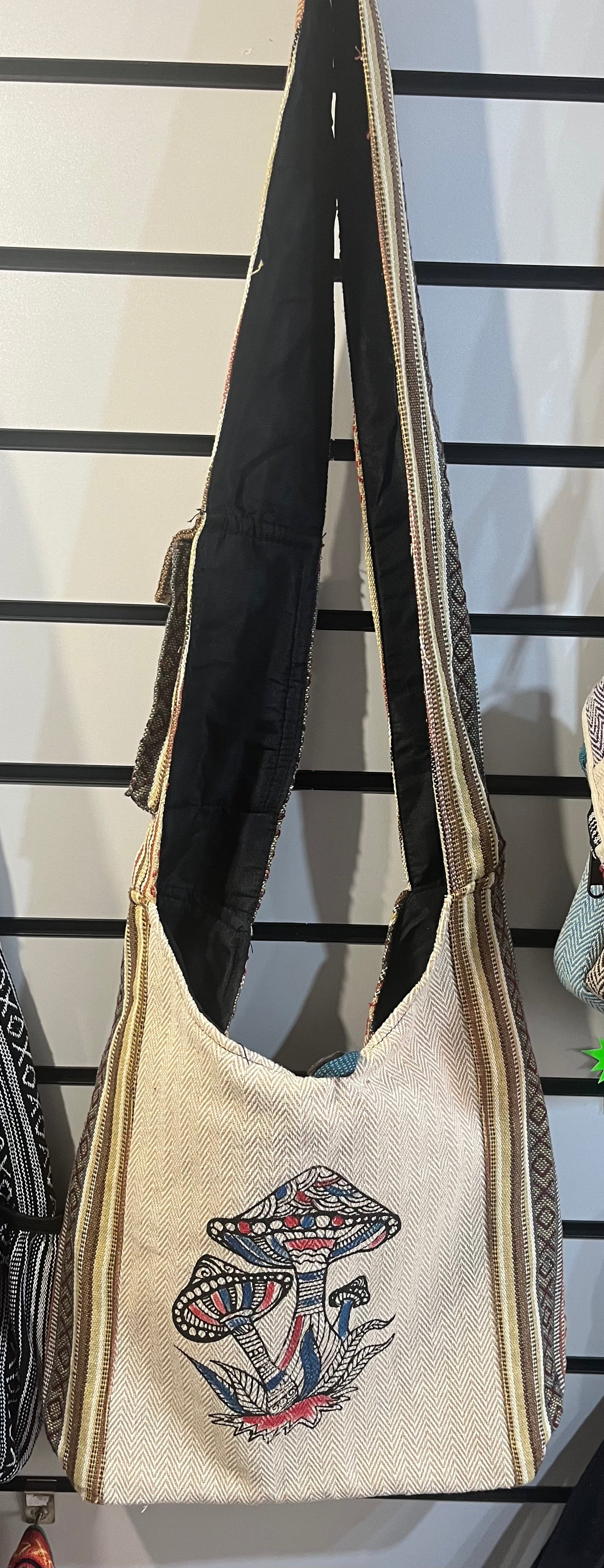 🌞Embroidered Mushroom Sling Bag – Handmade Himalayan Hemp