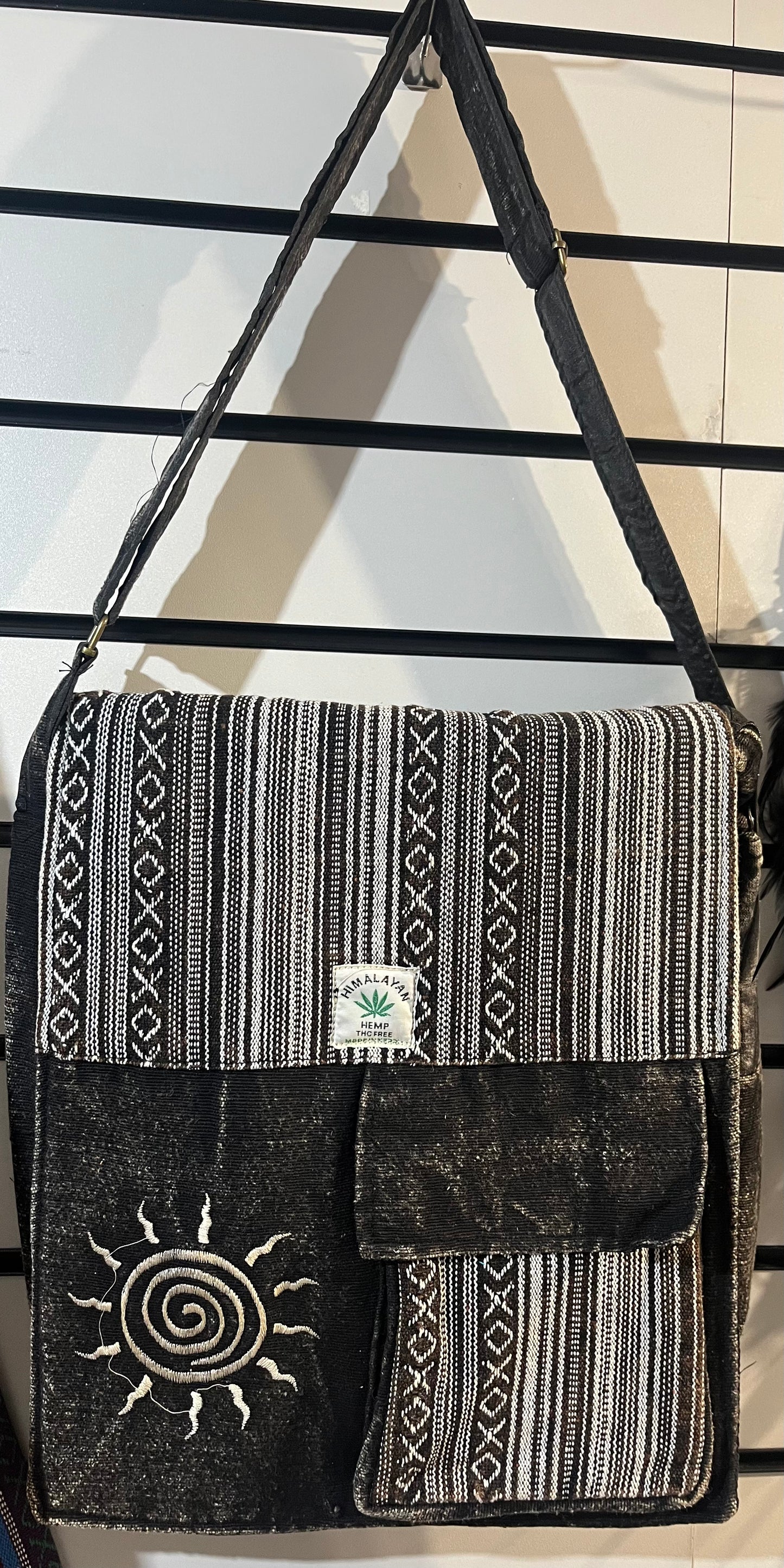 ☀️🖤 Handmade Himalayan Sun Embroidered Messenger Bag – Black & White