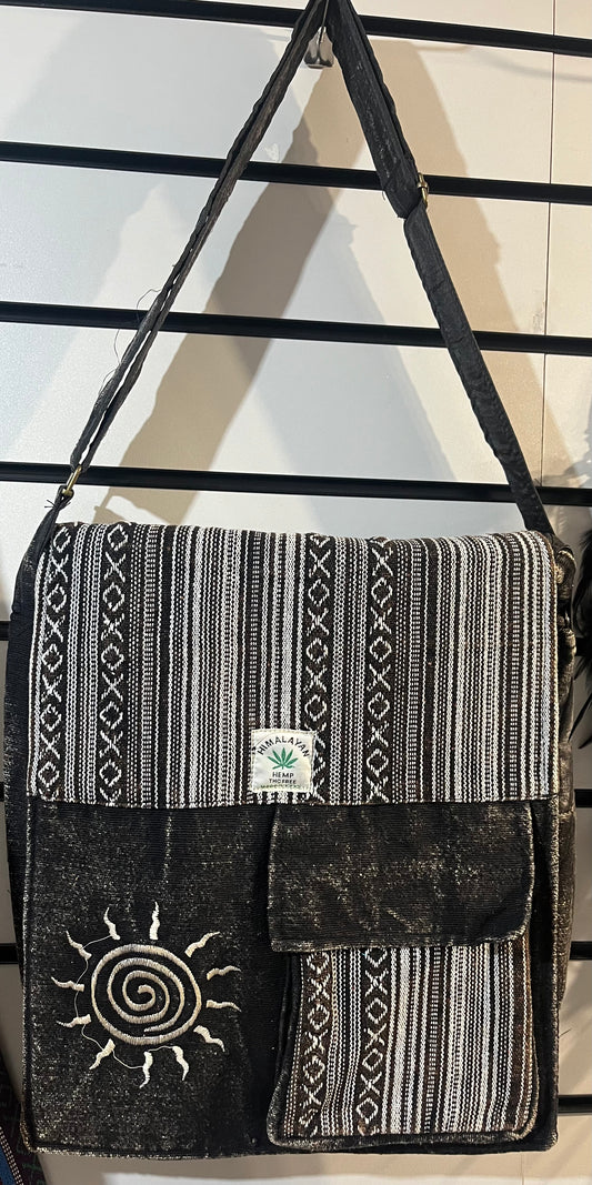 ☀️🖤 Handmade Himalayan Sun Embroidered Messenger Bag – Black & White