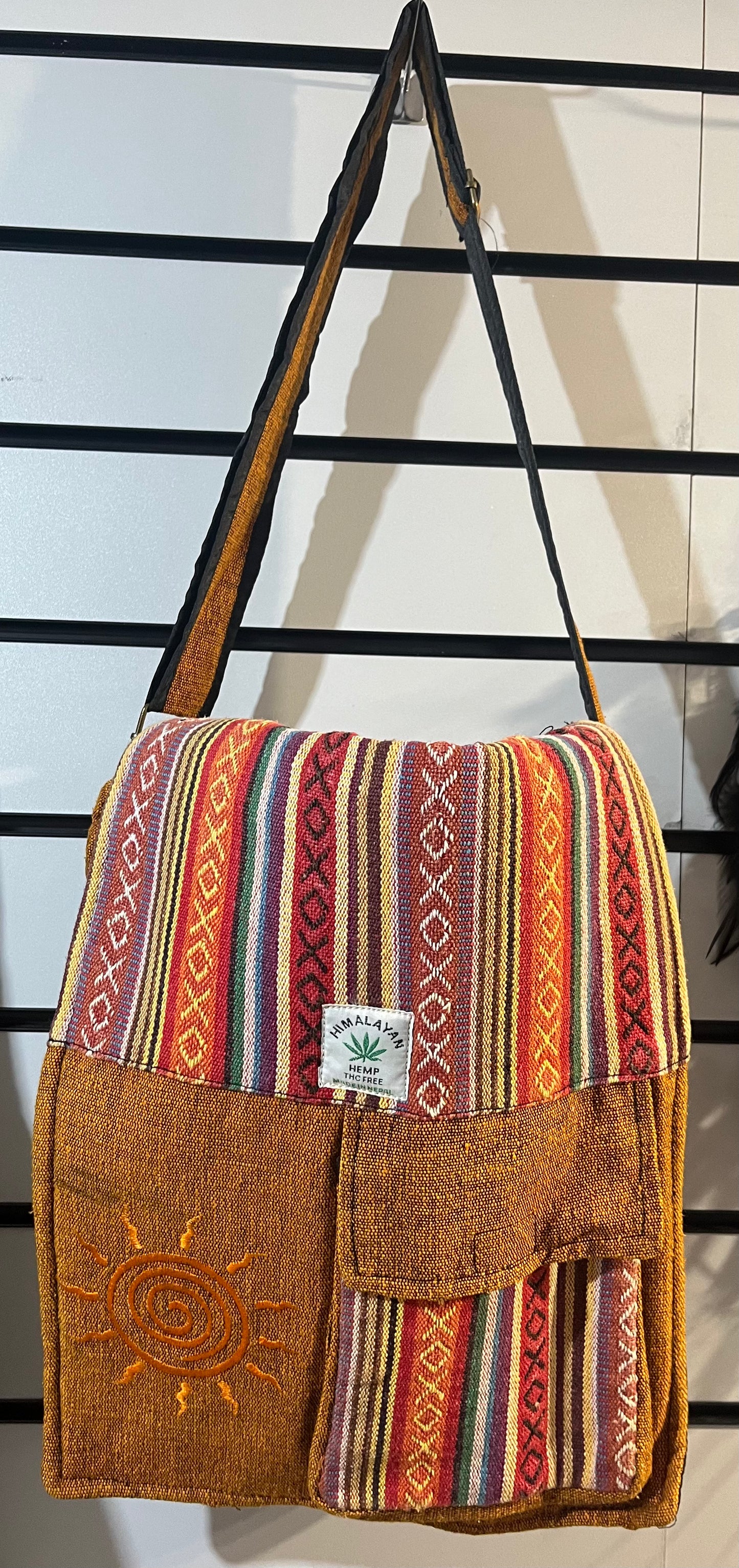 ☀️🔥 Handmade Himalayan Sun Embroidered Messenger Bag – Sunset Tones