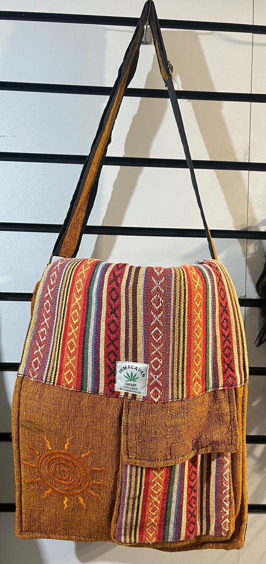 ☀️🔥 Handmade Himalayan Sun Embroidered Messenger Bag – Sunset Tones