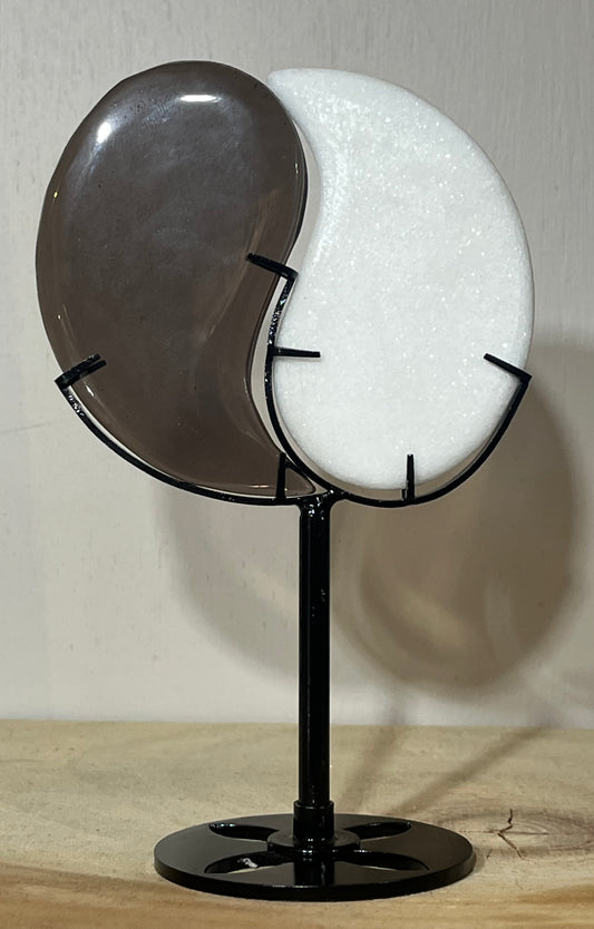 ✨ Smoky Quartz & White Jade Yin–Yang Duo on Stand – 15cm | Harmony, Balance & Protection ✨