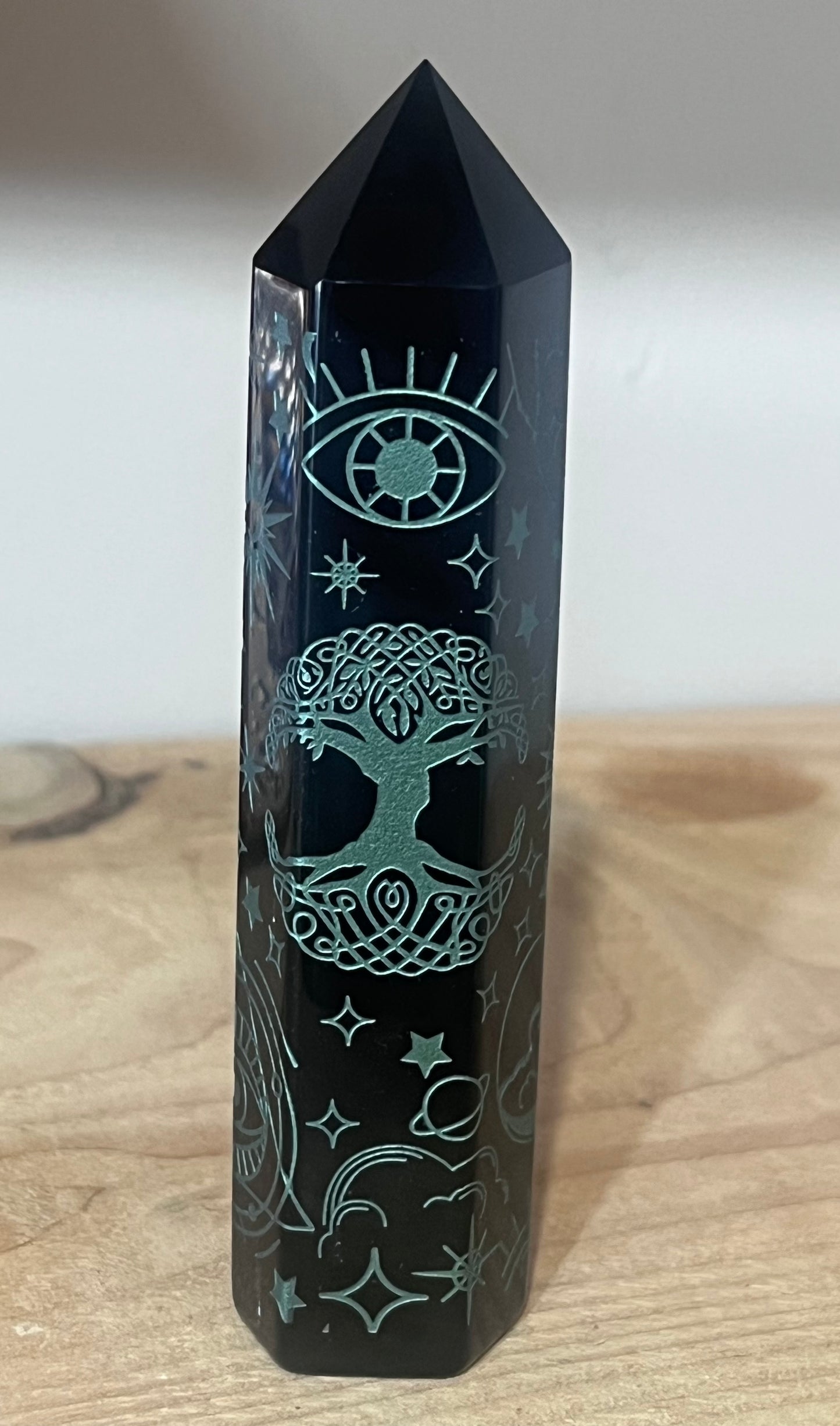 🌙 Black Obsidian Celestial Engraved Tower | Protection • Grounding • Intuition