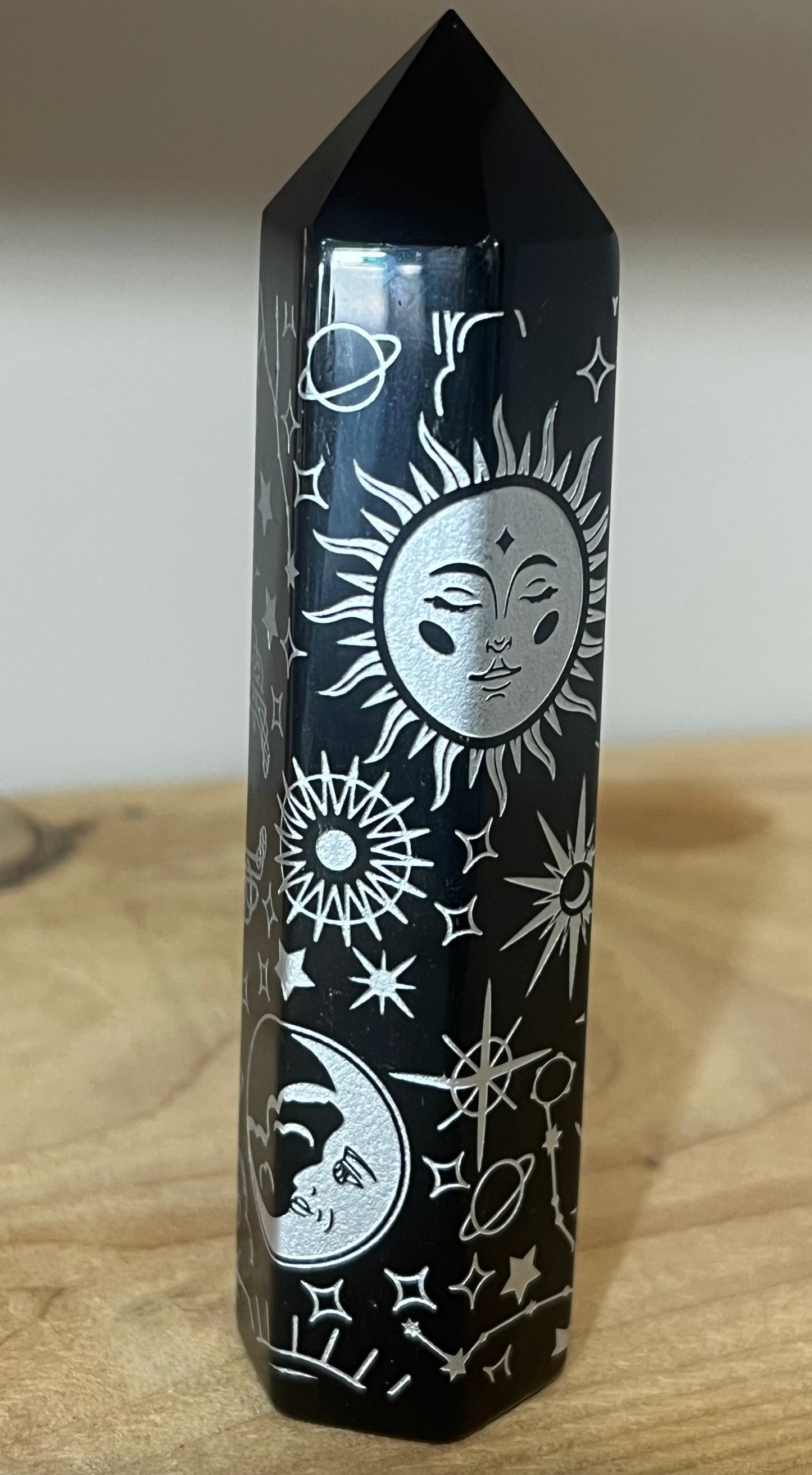 Black Obsidian Celestial Engraved Tower | Protection • Grounding • Truth 🌙✨
