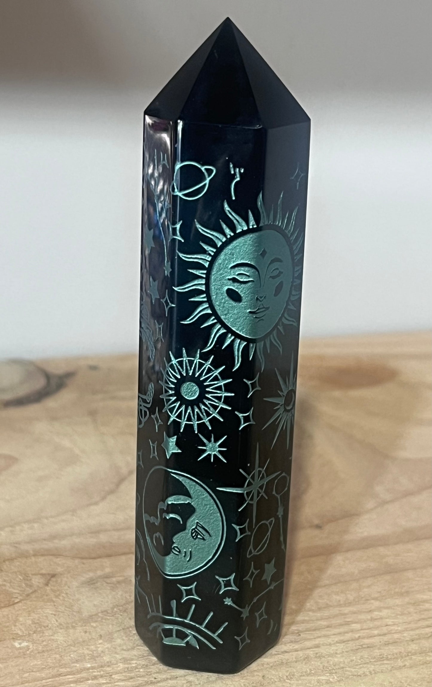 🌙 Black Obsidian Celestial Engraved Tower | Protection • Grounding • Intuition