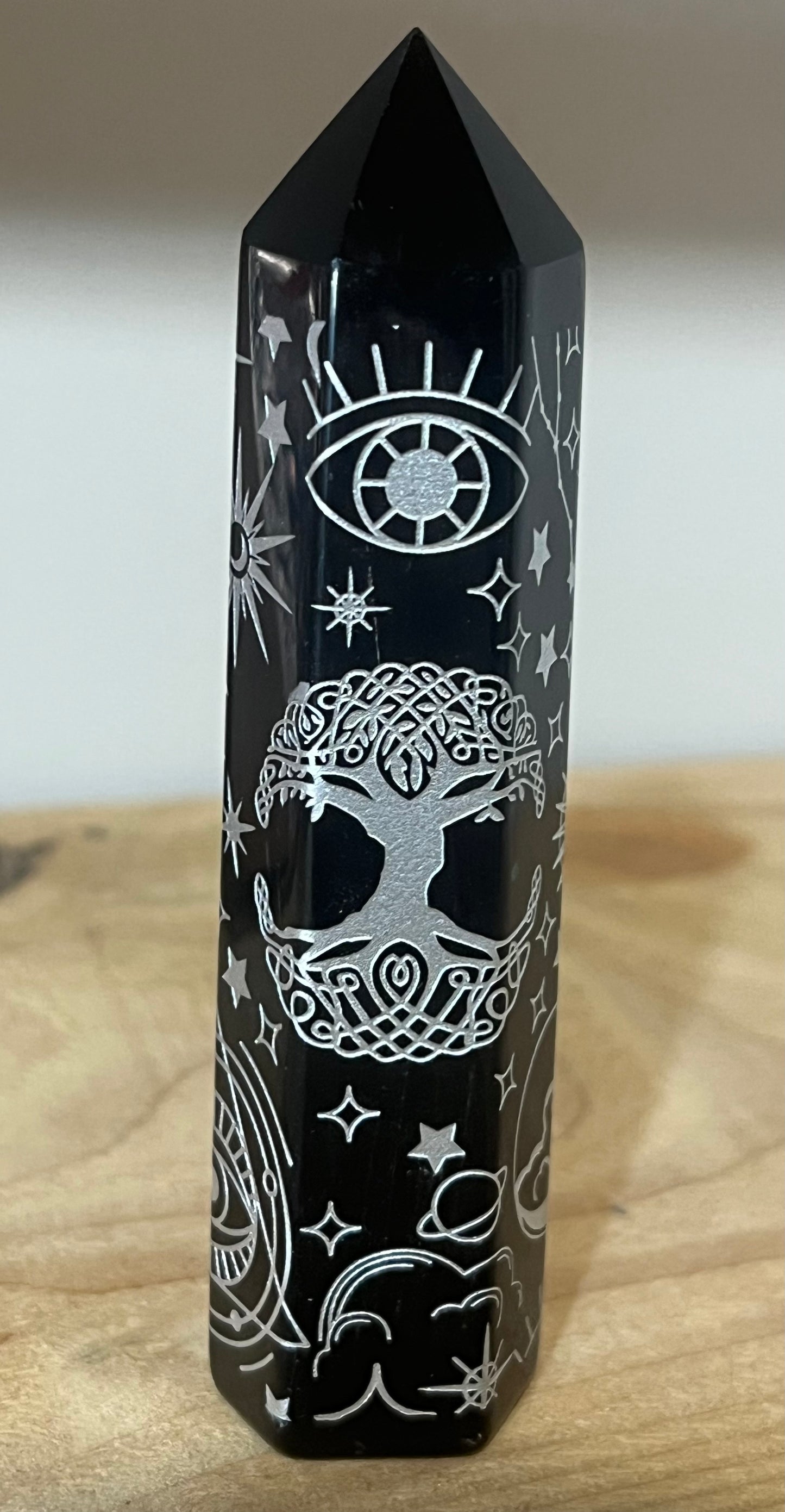 Black Obsidian Celestial Engraved Tower | Protection • Grounding • Truth 🌙✨