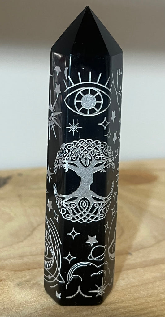 Black Obsidian Celestial Engraved Tower | Protection • Grounding • Truth 🌙✨
