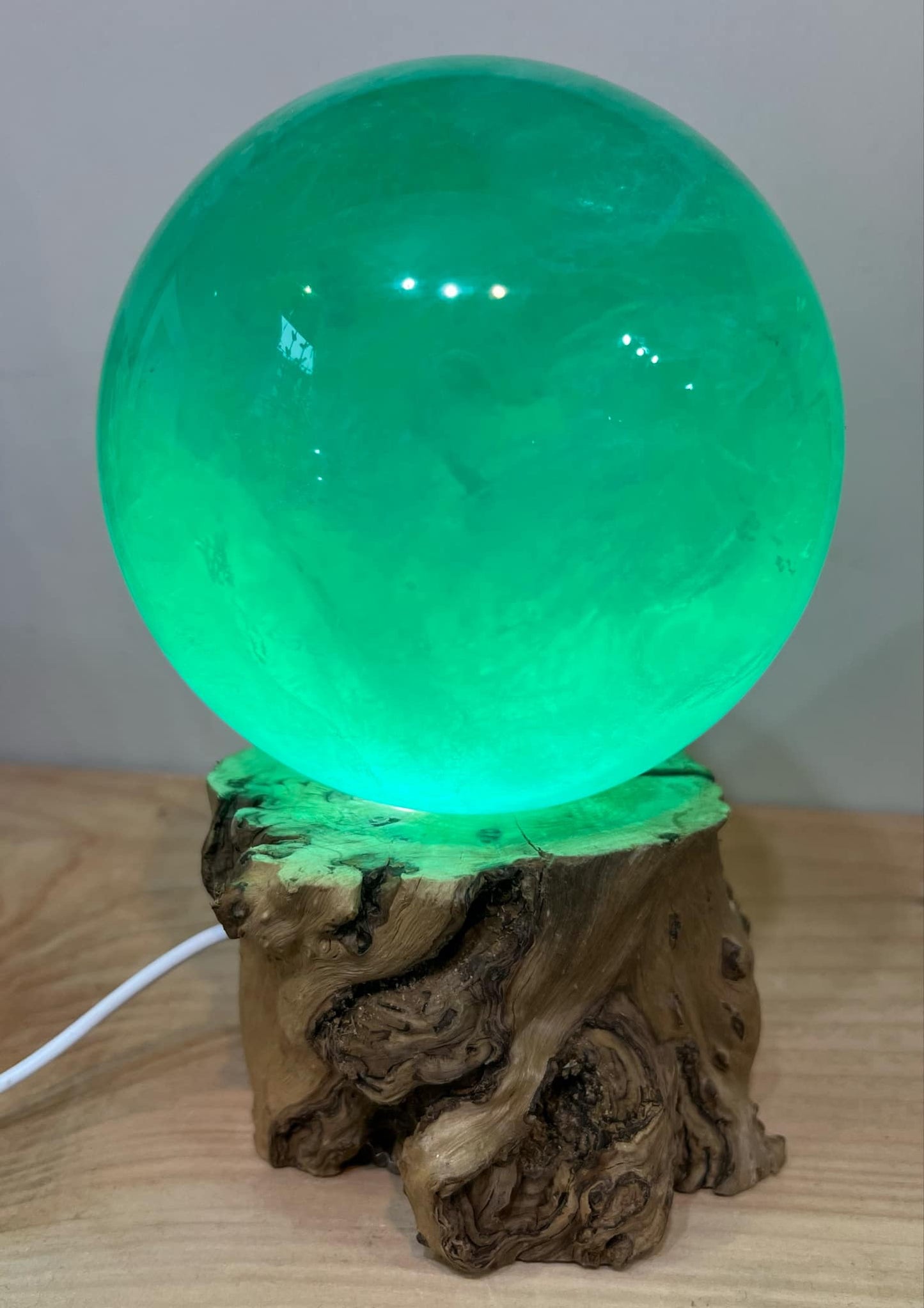 Large green fluorite sphere with wooden light stand 2.2kg