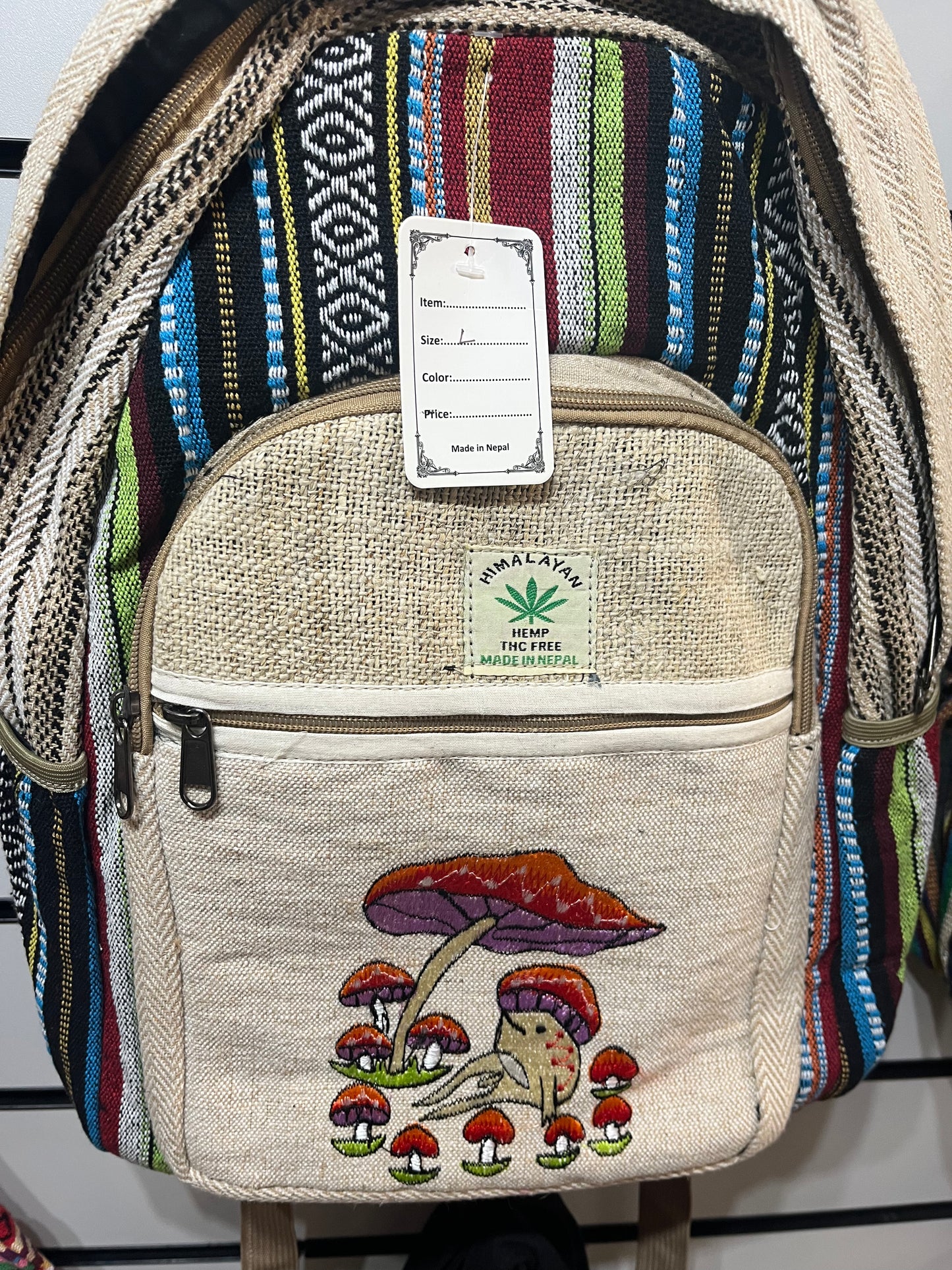 Hemp large backpack: frog mushrooms