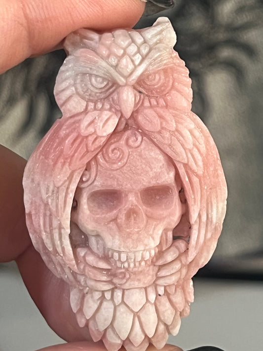 💗 Pink Opal Owl Skull Carving | Wisdom, Protection & Transformation