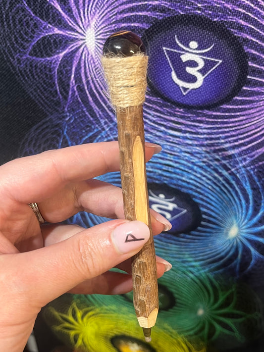 👁️ Tiger’s Eye Wooden Crystal Pen | Protection, Focus & Confidence