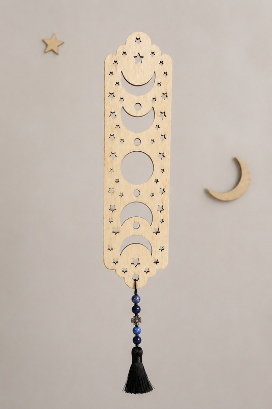 🌙📖 Moon Phase Wooden Bookmark with Sodalite Beads & Tassel 💙✨