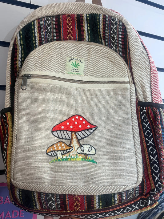 🍄 Handmade Hemp Triple Mushroom Backpack | Nepalese Boho Bag