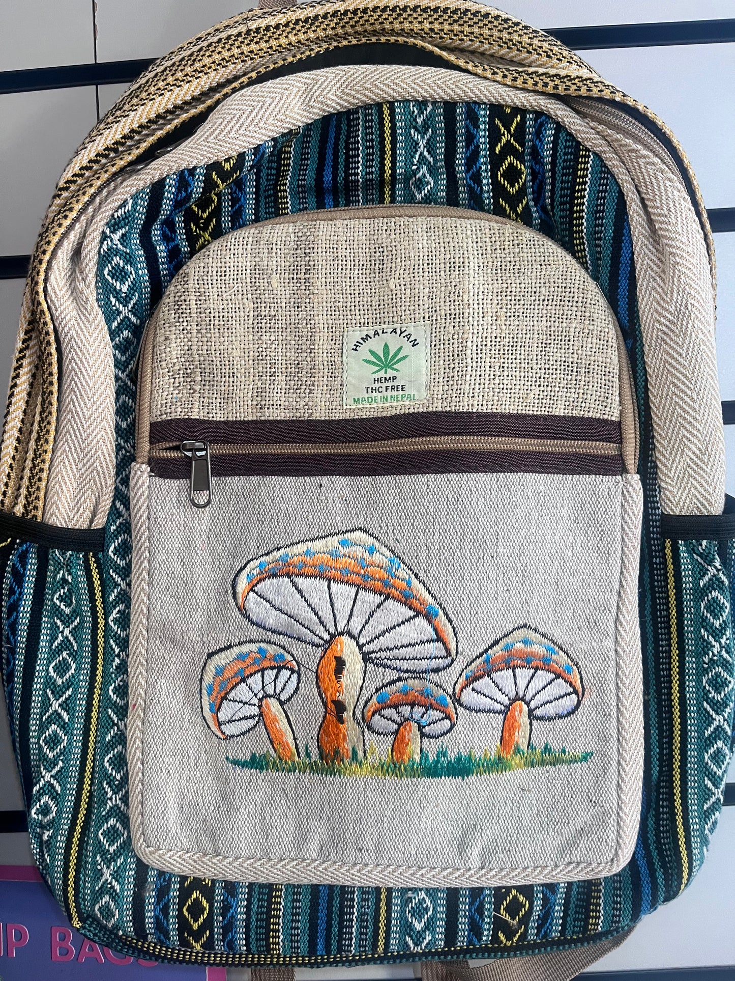🍄 Handmade Hemp Embroidered Mushroom Backpack | Nepalese Boho Bag