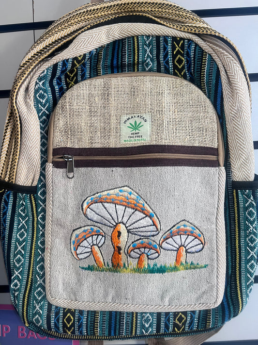 🍄 Handmade Hemp Embroidered Mushroom Backpack | Nepalese Boho Bag