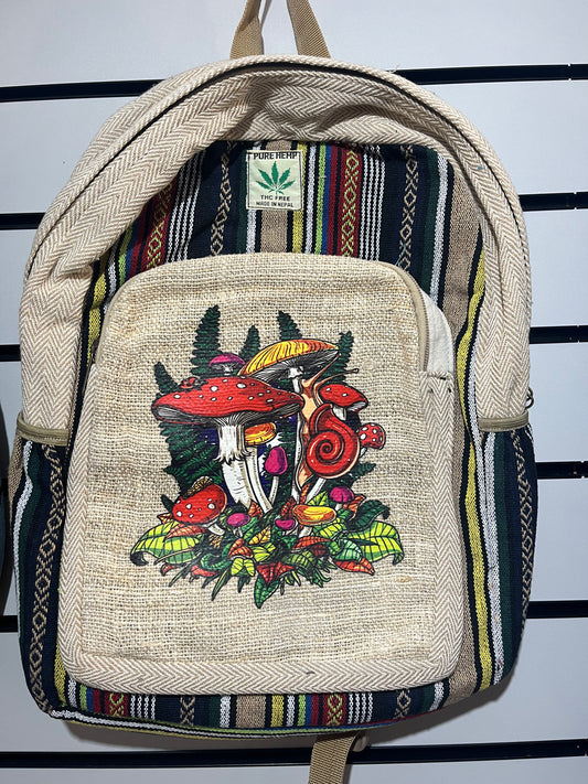 Handmade Nepal Hemp Backpack – Mushroom & Snail Artwork