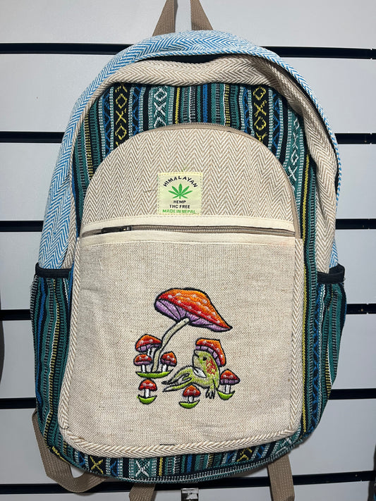 Handmade Nepal Hemp Backpack – Frog & Mushroom Embroidery
