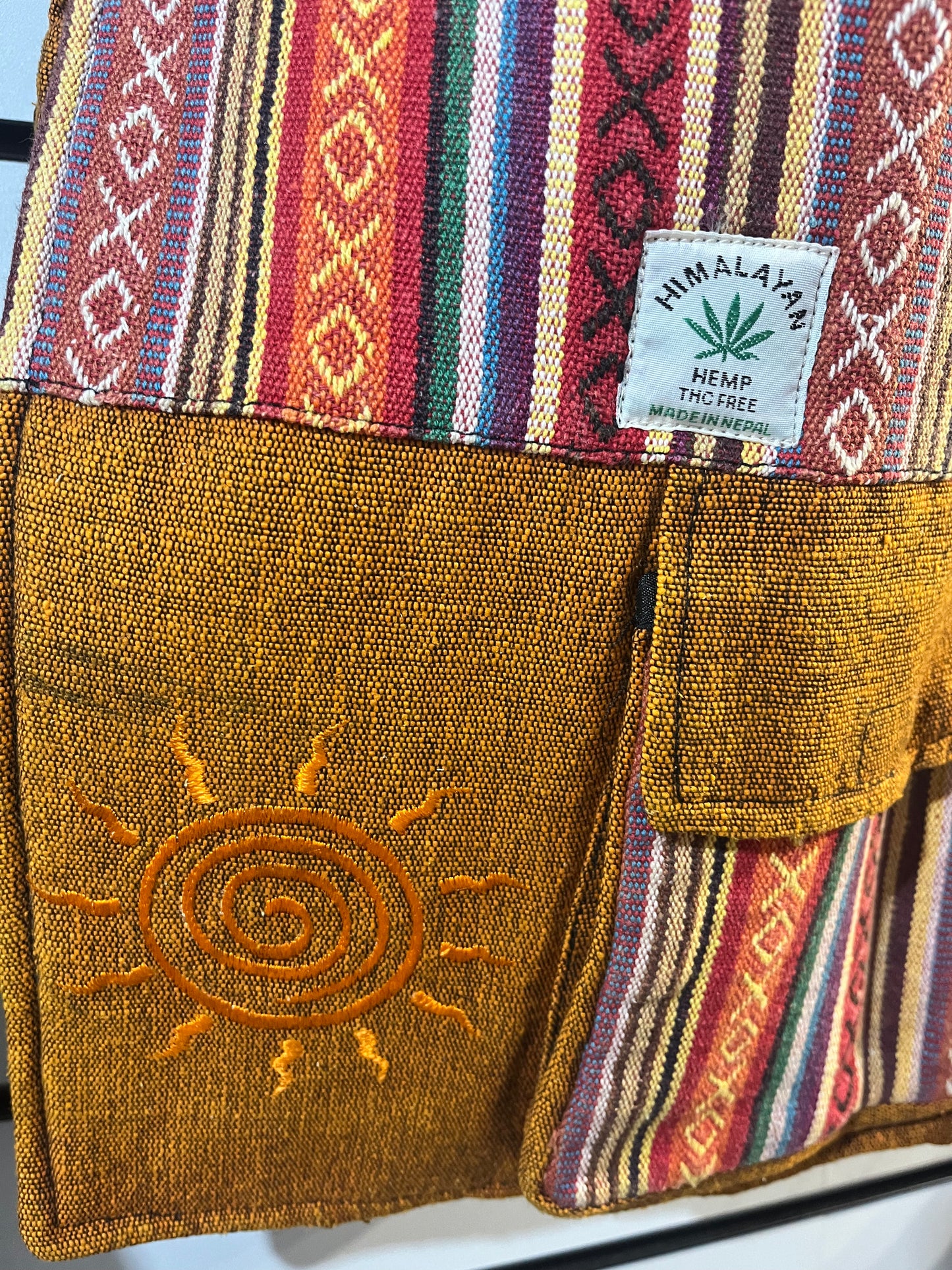 ☀️🔥 Handmade Himalayan Sun Embroidered Messenger Bag – Sunset Tones