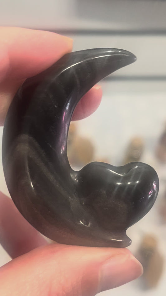 🌙 Silver Sheen Obsidian Heart on Moon | Protection • Grounding • Clarity